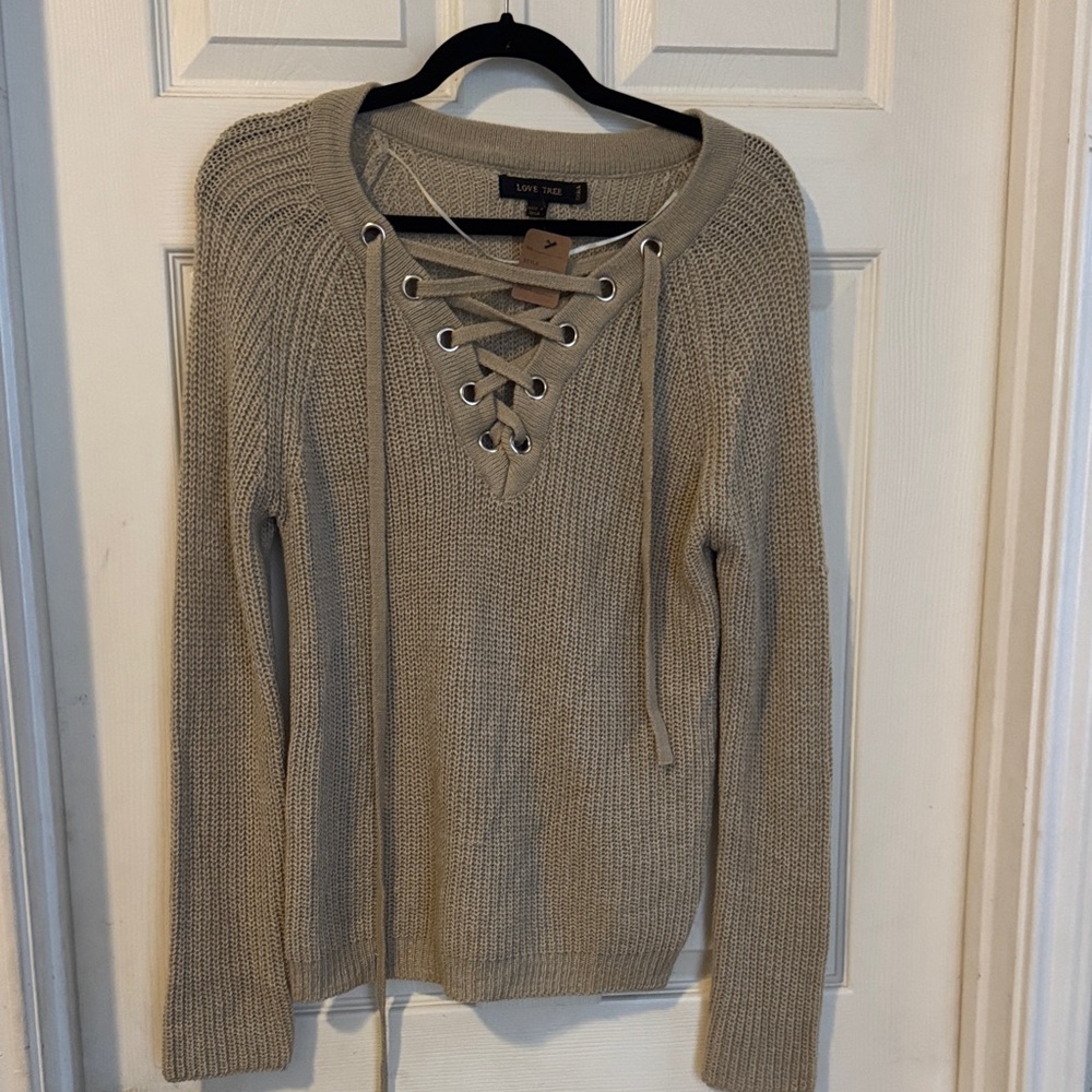Love Tree Women's Lace-Up Knit Sweater - Beige